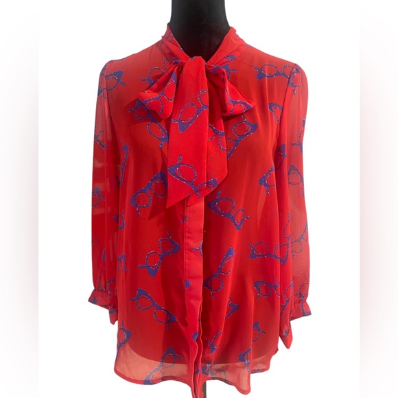 Retro Red,blue eye glasses print, sheer,button down neck bow tie blouse, small - Picture 8 of 8